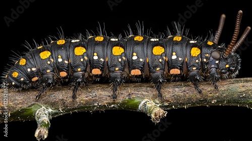 A breathtaking look at a caterpillars tiny legs and vivid stripes crawling on a stem Stock Photo with side copy space