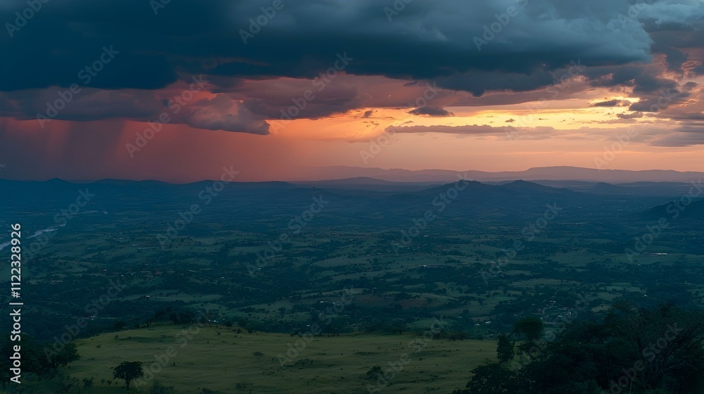 Fototapeta premium Dramatic sunset over rolling hills and valleys, rain clouds, vibrant colors.
