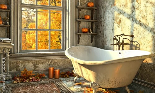 A cozy bathroom scene featuring a vintage bathtub, autumn leaves, pumpkins, and warm candles by a window with a fall view.