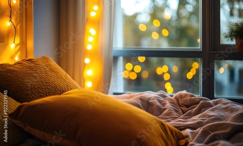 A cozy bedroom scene featuring warm yellow pillows and soft fairy lights, creating a tranquil and inviting atmosphere.