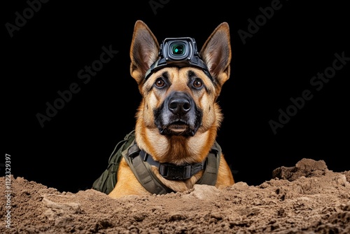 A war dog wearing a small camera on its head, stealthily navigating enemy territory under the cover of darkness photo