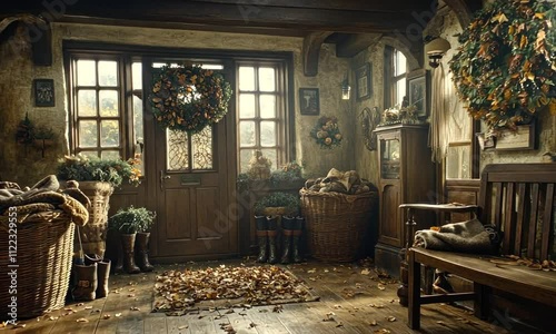 A cozy entryway adorned with autumn decorations, featuring wooden elements, baskets, and a warm atmosphere.