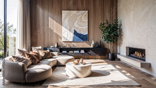 Generative AI, Modern living room with a curved taupe boucle sofa, travertine coffee table, and slatted oak wall featuring cobalt blue abstract art