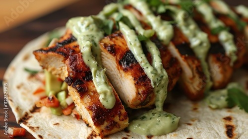 Grilled chicken taco with avocado crema.