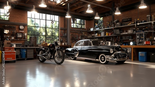 Classic car and motorcycle in a well-equipped garage.