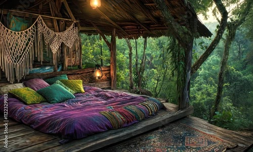A cozy outdoor sleeping area nestled in lush greenery, featuring a colorful bed and tranquil ambiance.