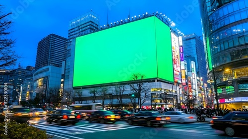Giant green screen billboard in a bustling Japanese city at night. Perfect for advertising or design projects.