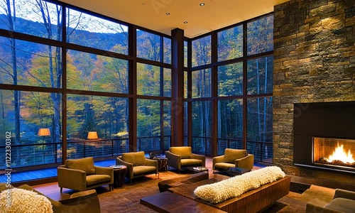 A cozy, modern living space with large windows showcasing a vibrant autumn landscape, featuring a fireplace and comfortable seating.