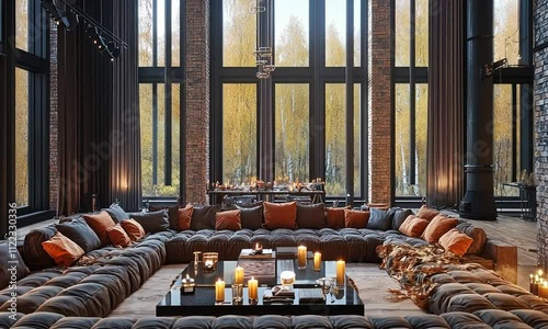A cozy, modern living space with large windows, soft seating, and candles, inviting relaxation and social gatherings.