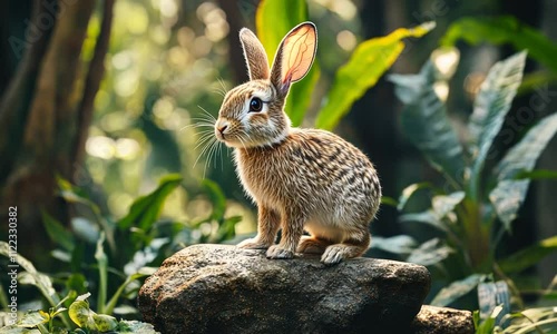 A cute rabbit sits on a rock amidst lush greenery, showcasing its natural habitat.