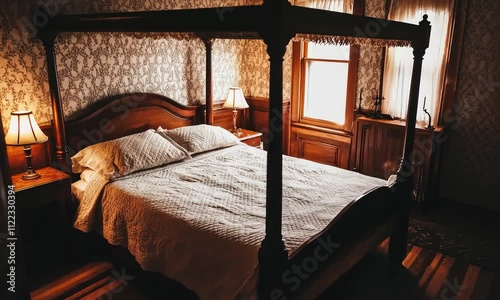 A cozy, vintage bedroom featuring a four-poster bed, warm lighting, and ornate wallpaper, creating a serene atmosphere for relaxation.