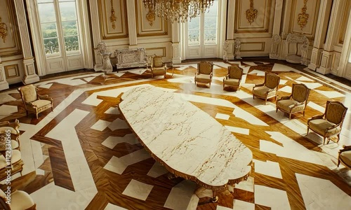 A grand, elegantly furnished room with a large marble table and ornate chairs, designed for meetings or gatherings.