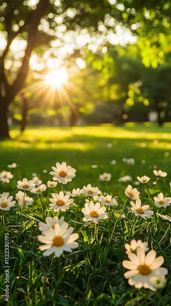 Fototapeta premium A peaceful meadow filled with daisies under the soft glow of a setting sun Stock Photo with side copy space