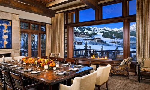 A luxurious dining room with a large table, elegant decor, and a stunning mountain view through expansive windows.