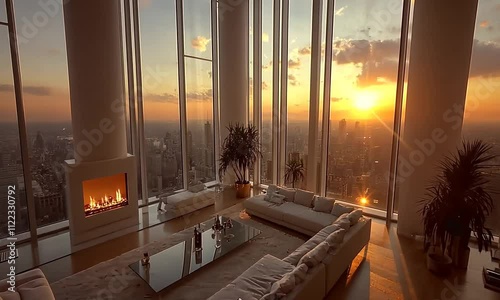 A luxurious living space with panoramic city views at sunset, featuring modern furniture and a cozy fireplace.