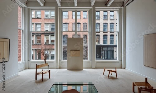A minimalist gallery space featuring large windows, wooden chairs, and a central glass table, showcasing a serene urban view.