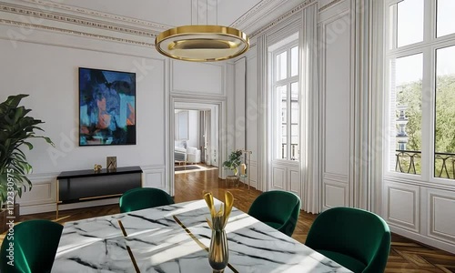 A modern dining room with a large table, stylish chairs, and bright artwork, designed for gatherings and socializing.