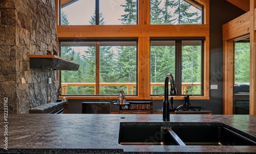 A modern kitchen with wooden accents and large windows showcasing a forest view.