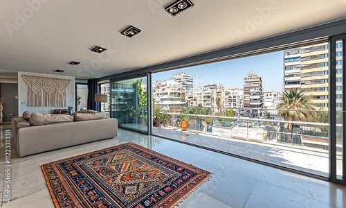 A modern living room featuring a large window with city views, a cozy sofa, and a decorative rug.