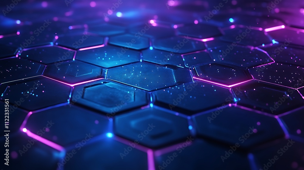 Obraz premium Modern dark hexagonal pattern with matte finish illuminated by electric blue light, a captivating visual for abstract, technology, and design projects.