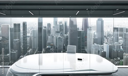 A modern office space featuring a sleek desk with a panoramic city view, emphasizing a professional and minimalist design.
