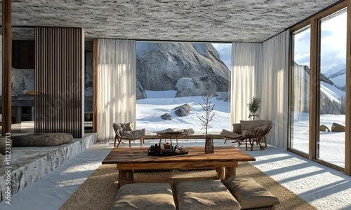 A modern, minimalist living space with large windows offering a snowy mountain view, featuring a wooden table and cozy seating.