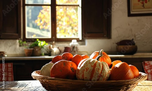A rustic kitchen scene featuring a woven basket filled with various pumpkins and gourds, illuminated by natural light from a window.