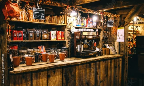 A rustic coffee shop interior featuring a wooden counter, various coffee products, and an espresso machine.