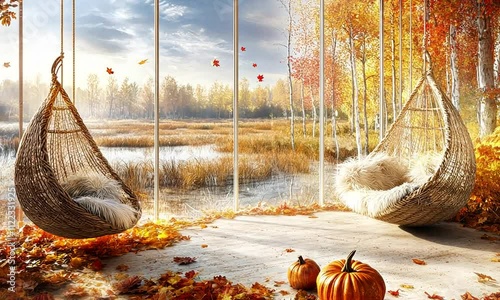 A serene autumn scene featuring cozy hanging chairs, vibrant foliage, and pumpkins by a tranquil waterway.