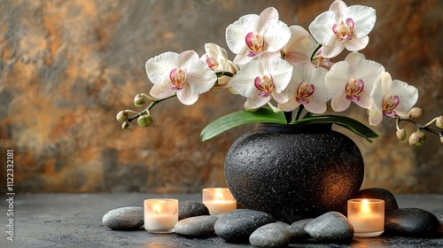 A zen-inspired space featuring a vase of orchids and soft candlelight Stock Photo with side copy space photo