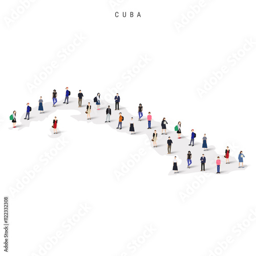 Cuba population map. Large group of realistic a diverse crowd of people figures in a shape of Cuban map. Flat vector illustration isolated on white.