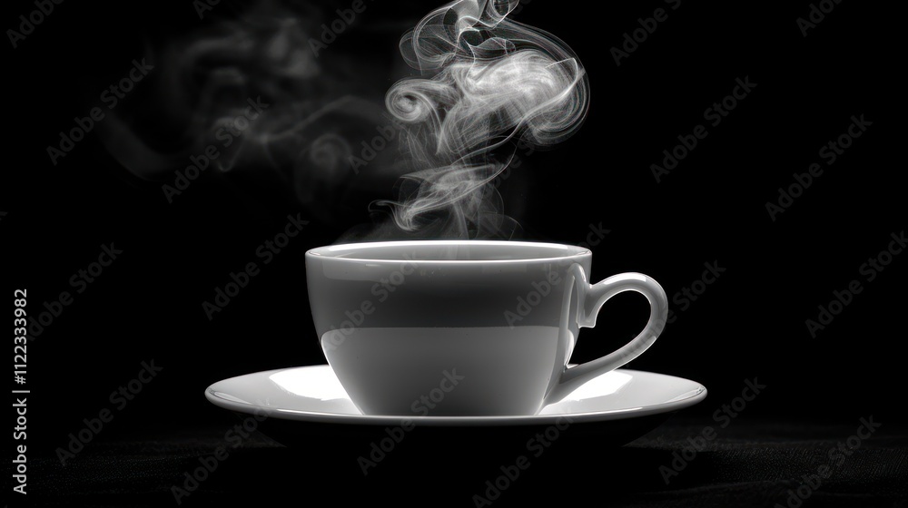 Steaming hot coffee in white cup on saucer, black background. Steaming hot coffee in white cup on saucer, black background.