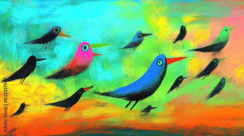 Fototapeta premium Colorful birds flying against a vibrant abstract background during sunset