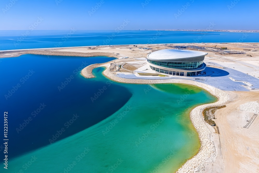 Fototapeta premium A dramatic aerial view of the Louvre Abu Dhabi, its iconic dome shimmering under the sunlight surrounded by blue waters