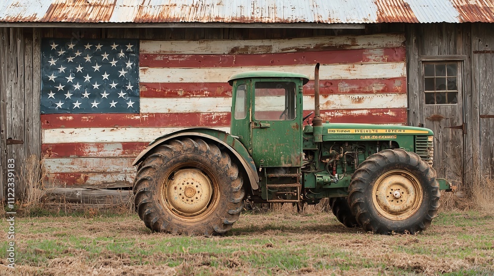 Obraz premium Classic Tractor by Rustic Barn with American Flag