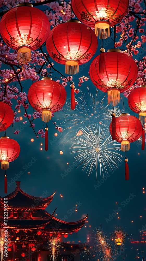 Obraz premium Festive red lanterns illuminate a night sky filled with fireworks and blossoming cherry branches above a traditional temple.