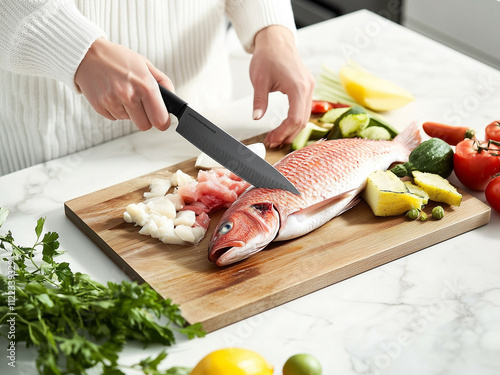 chef cutting fish, Chef Skillfully Cutting Fresh Fish, Slicing Fish into Perfect Fillets, Cutting Raw Fish on a Wooden Board photo