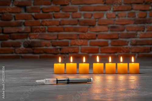 A dramatic setup of an insulin pen and glowing candles, creating a mysterious yet hopeful ambiance for diabetes awareness photo