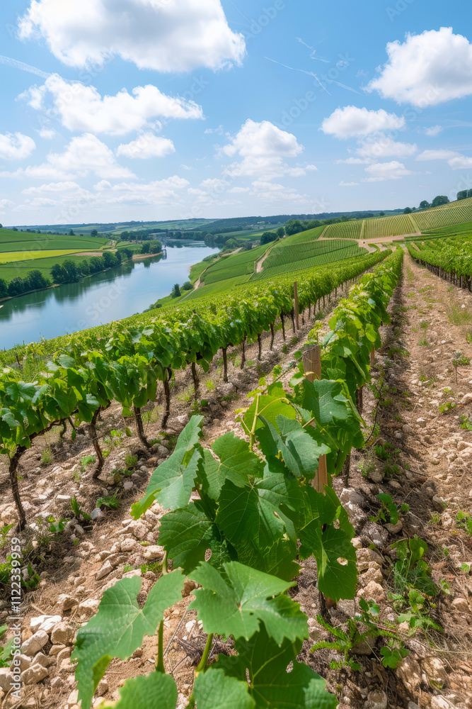 Obraz premium Stunning hillside vineyards with a picturesque river view and dramatic clouds in the sky