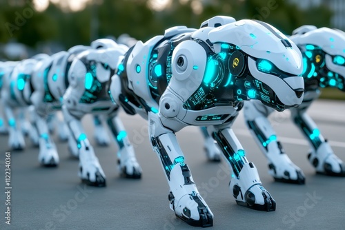 A futuristic army of robot dogs patrolling a heavily fortified base, their glowing circuits synchronized as they move in unison