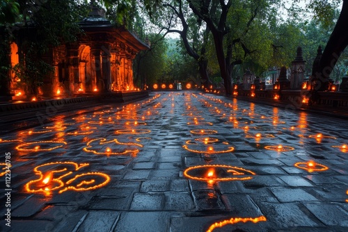 A gothic-style Diwali setting with a dark, ornate courtyard illuminated by rows of eerie glowing diyas photo