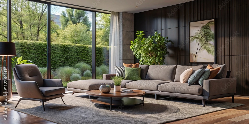 Fototapeta premium Spacious cozy living room with big windows and decor elements