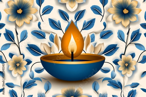 A simple drawing of a glowing diya placed in the center of a geometric rangoli, surrounded by soft floral designs photo