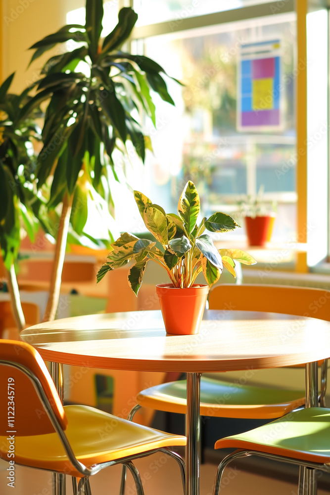 Fototapeta premium Bright and inviting cafe scene with colorful chairs and a potted plant on a sunny day.