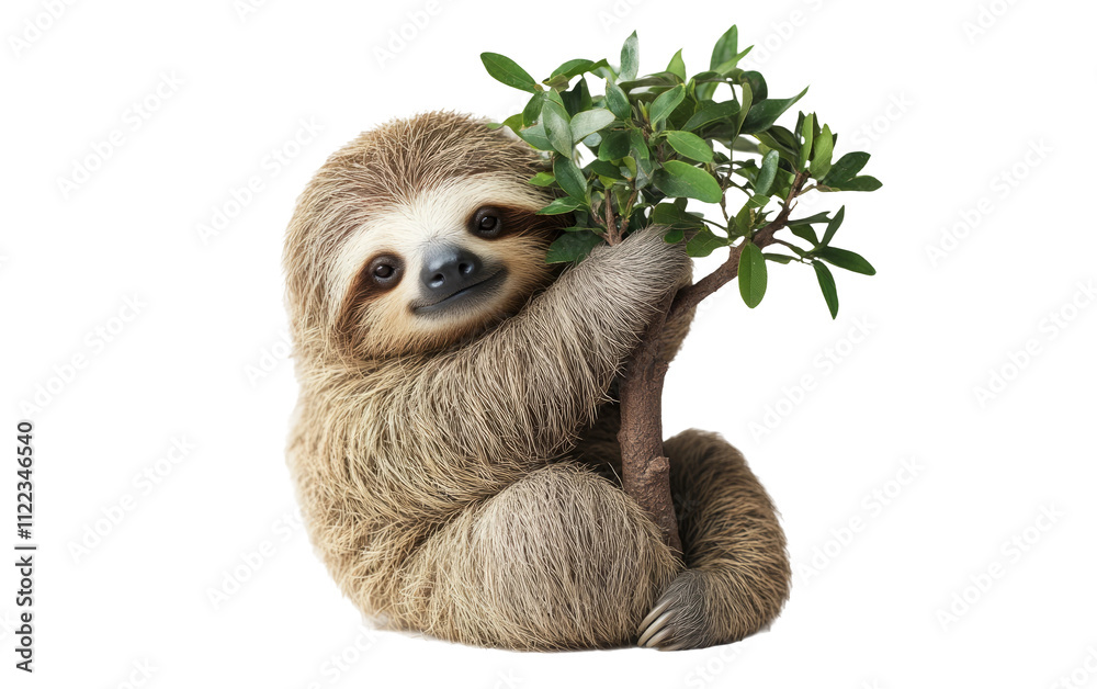 Fototapeta premium Cute Sloth Holding Branch on Transparent Background