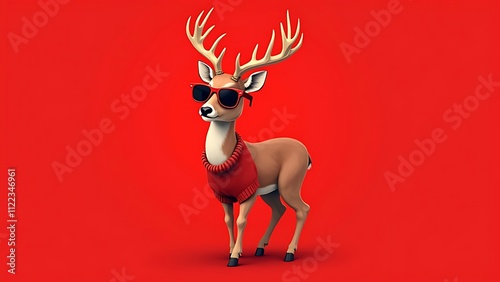 Stylish deer wearing red sunglasses and a cozy sweater against a bright red background, showcasing a fun and playful concept perfect for festive themes and wildlife illustrations photo