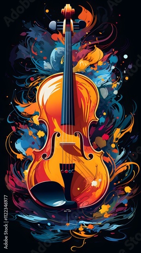 Vibrant Violin Illustration: Musical Energy Emanates in Bold Colors Against a Dark, Dynamic Background