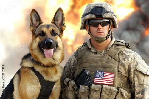 A war scene featuring a loyal dog standing beside its soldier companion, both wearing protective gear amidst smoky ruins