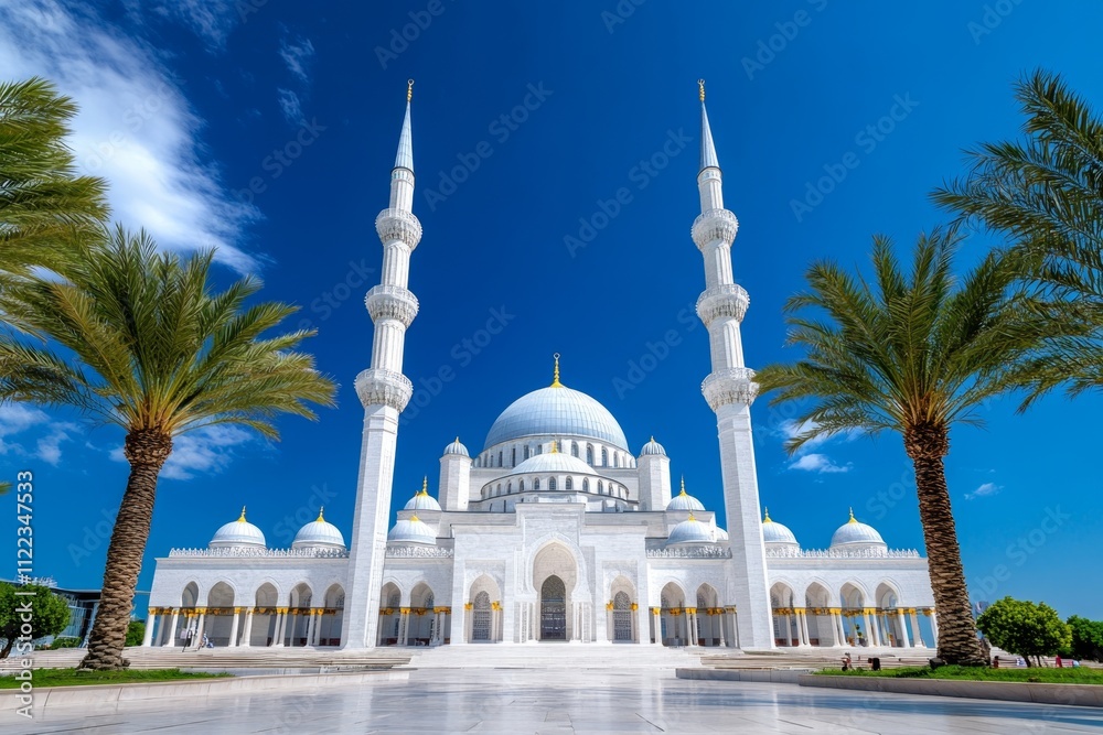 Fototapeta premium A wide-angle view of the mosque minarets and domes framed by palm trees, under a clear blue sky