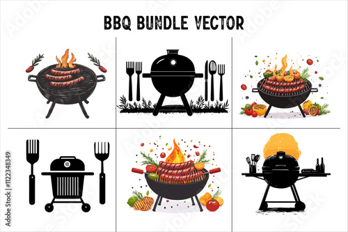 Barbecue grill with crossed tongs and sausage a flat vector Bundle. Barbecue grill Vector set.